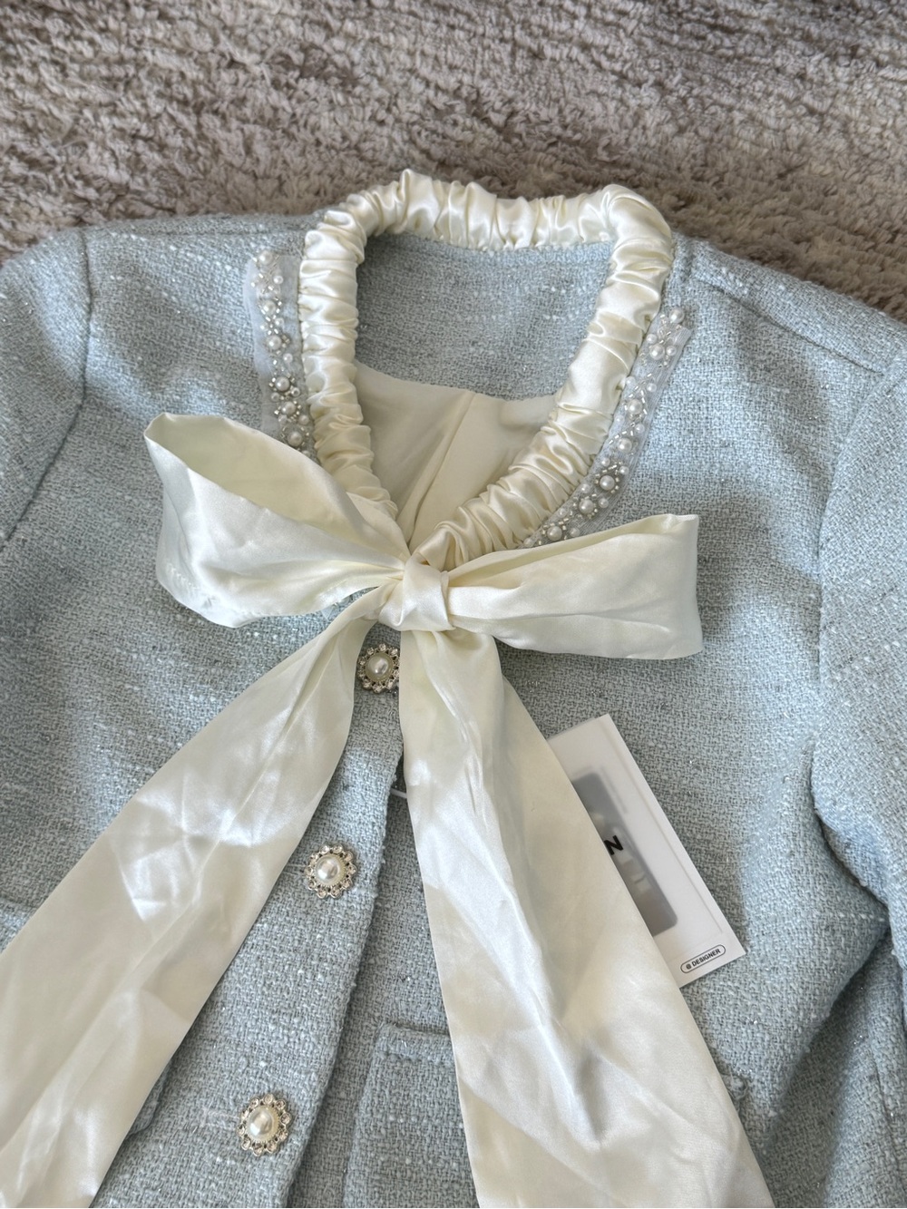 Pearl-Button Light Blue Tweed Set with Ivory Bow